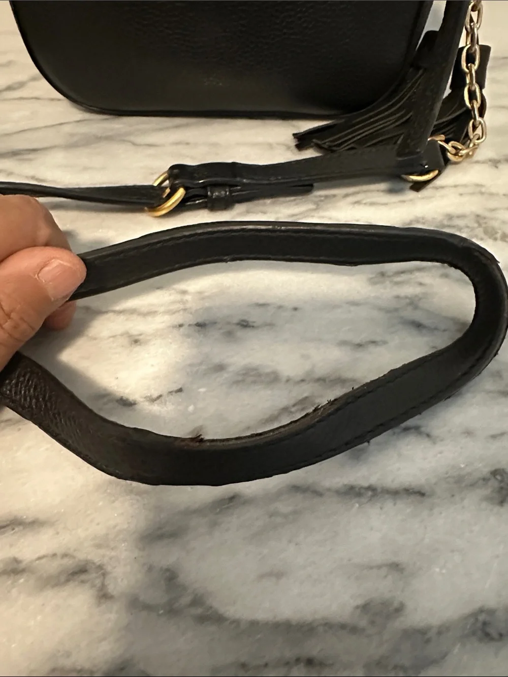 Tory Burch McGraw Black Pebbled Leather Camera Crossbody Bag Tassel